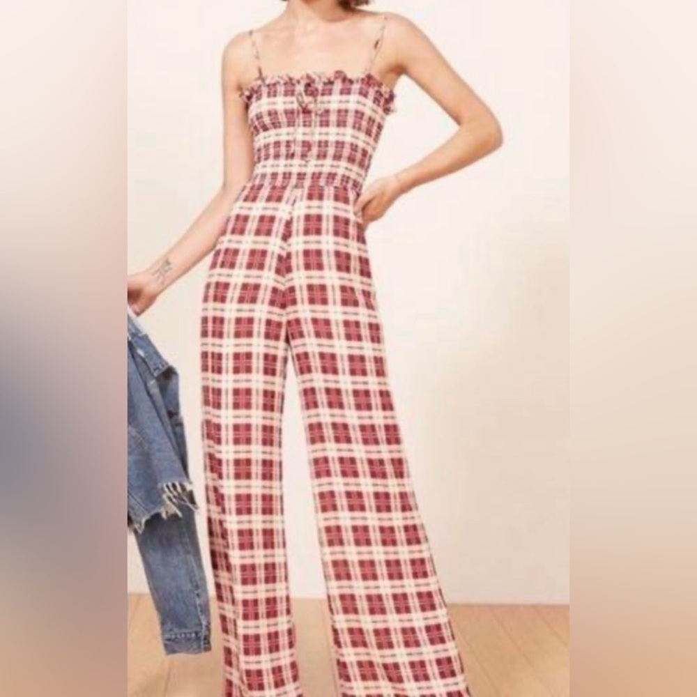 Reformation Red and White Plaid Strapless Jumpsuit